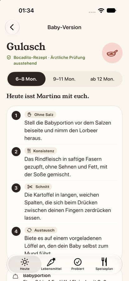 Bocadito-Bildschirm Babyversion mit den Schritten eines Rezepts