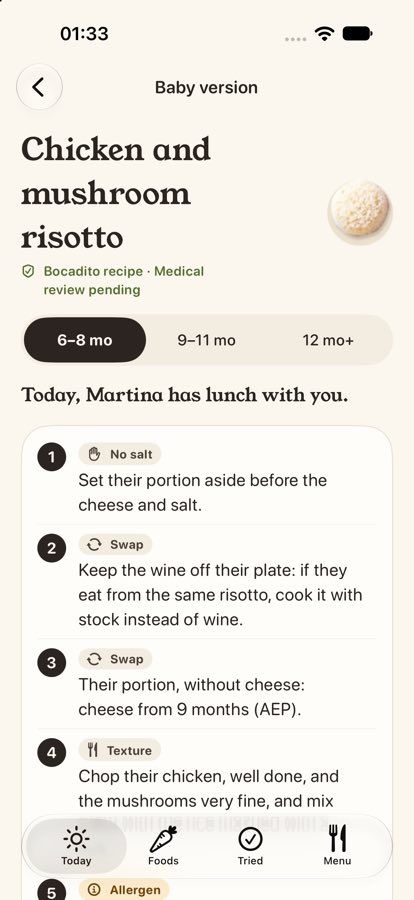 Bocadito's Baby Version screen with the steps of a recipe