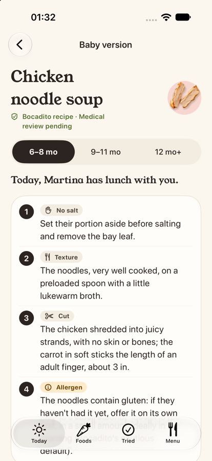 Bocadito's Baby Version screen with the steps of a recipe