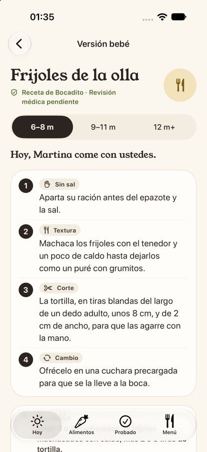 Pantalla Versión bebé de Bocadito con los pasos de una receta