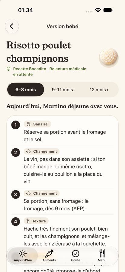 Écran Version bébé de Bocadito avec les étapes d’une recette