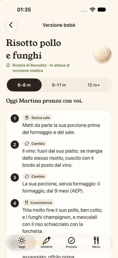 Schermata Versione bebè di Bocadito con i passaggi di una ricetta