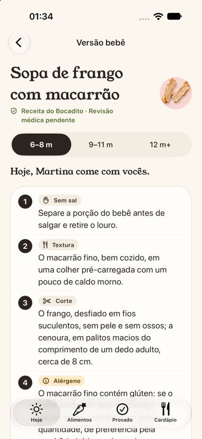 Tela Versão do bebê do Bocadito com os passos de uma receita