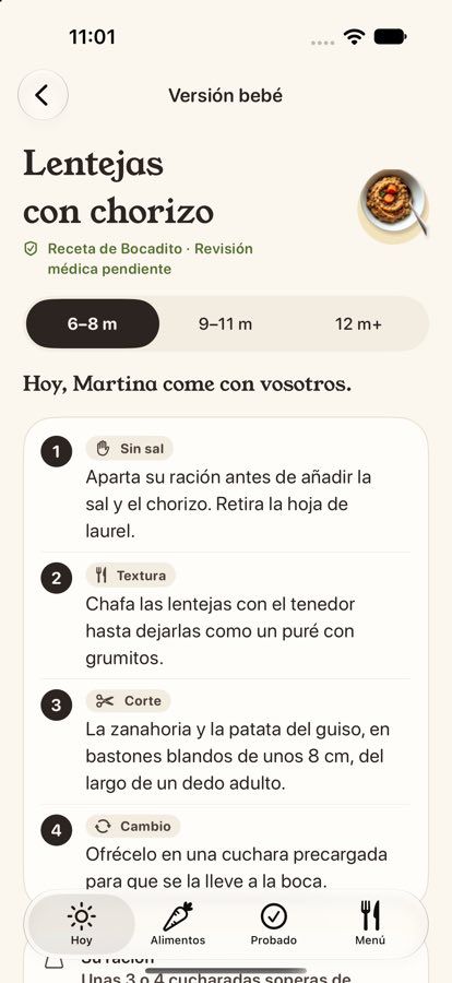 Pantalla Versión bebé de Bocadito con los pasos de una receta